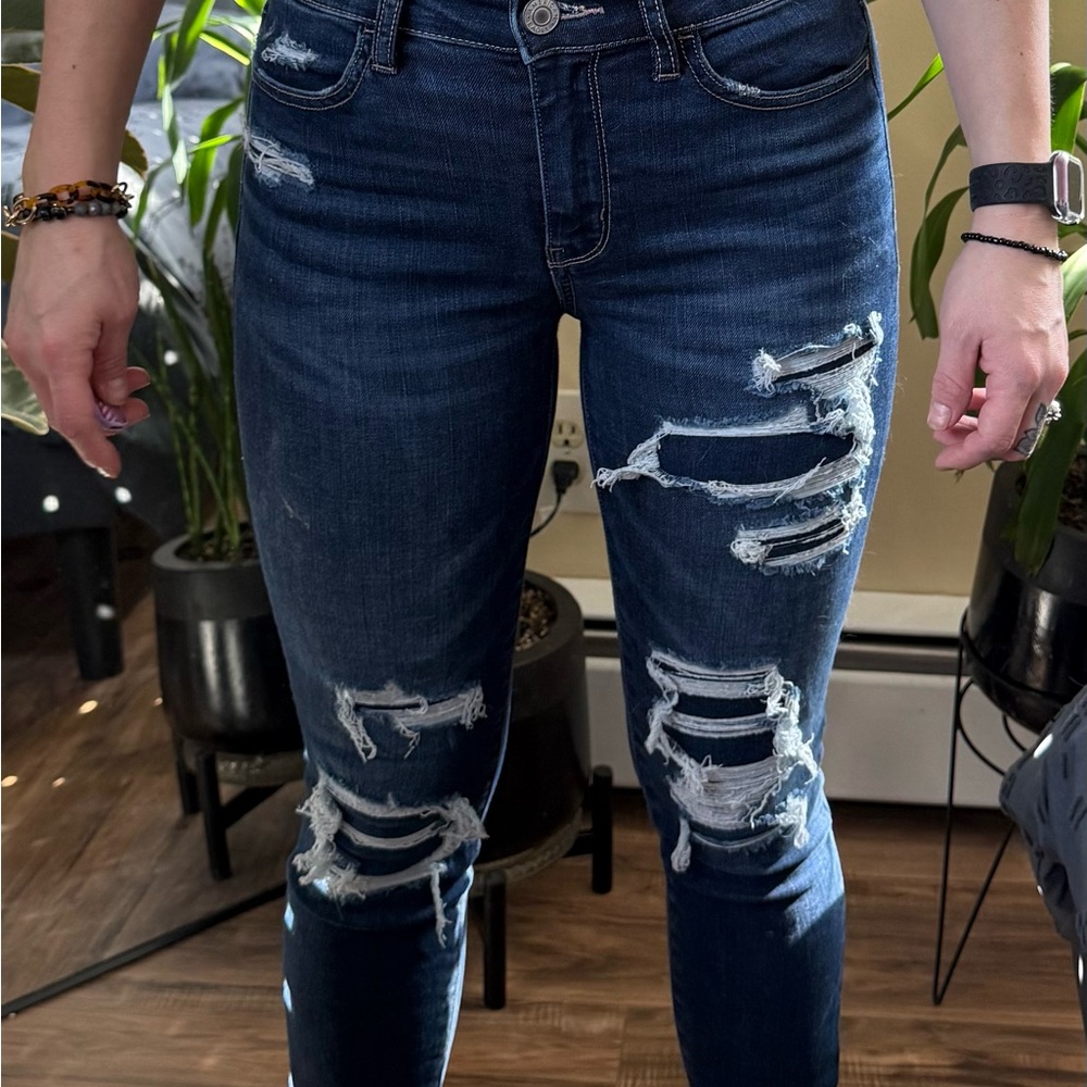American Eagle Outfitters Dark Blue Distressed Skinny Jeans